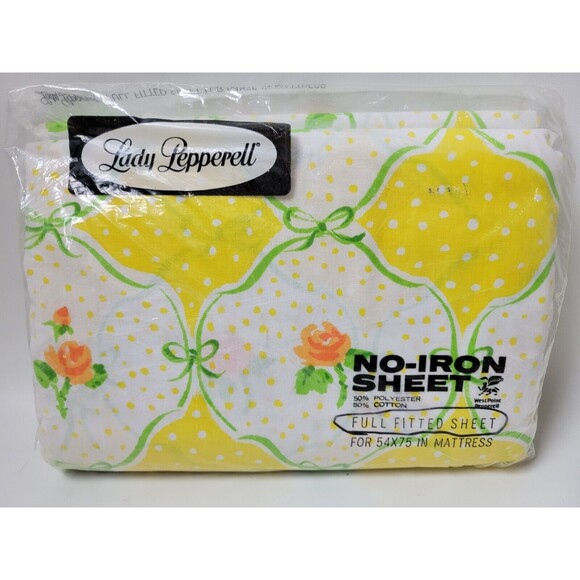 Vintage NIP Lady Pepperell Muslin Full Fitted Sheet Green Yellow Ribbon Floral - Picture 1 of 5